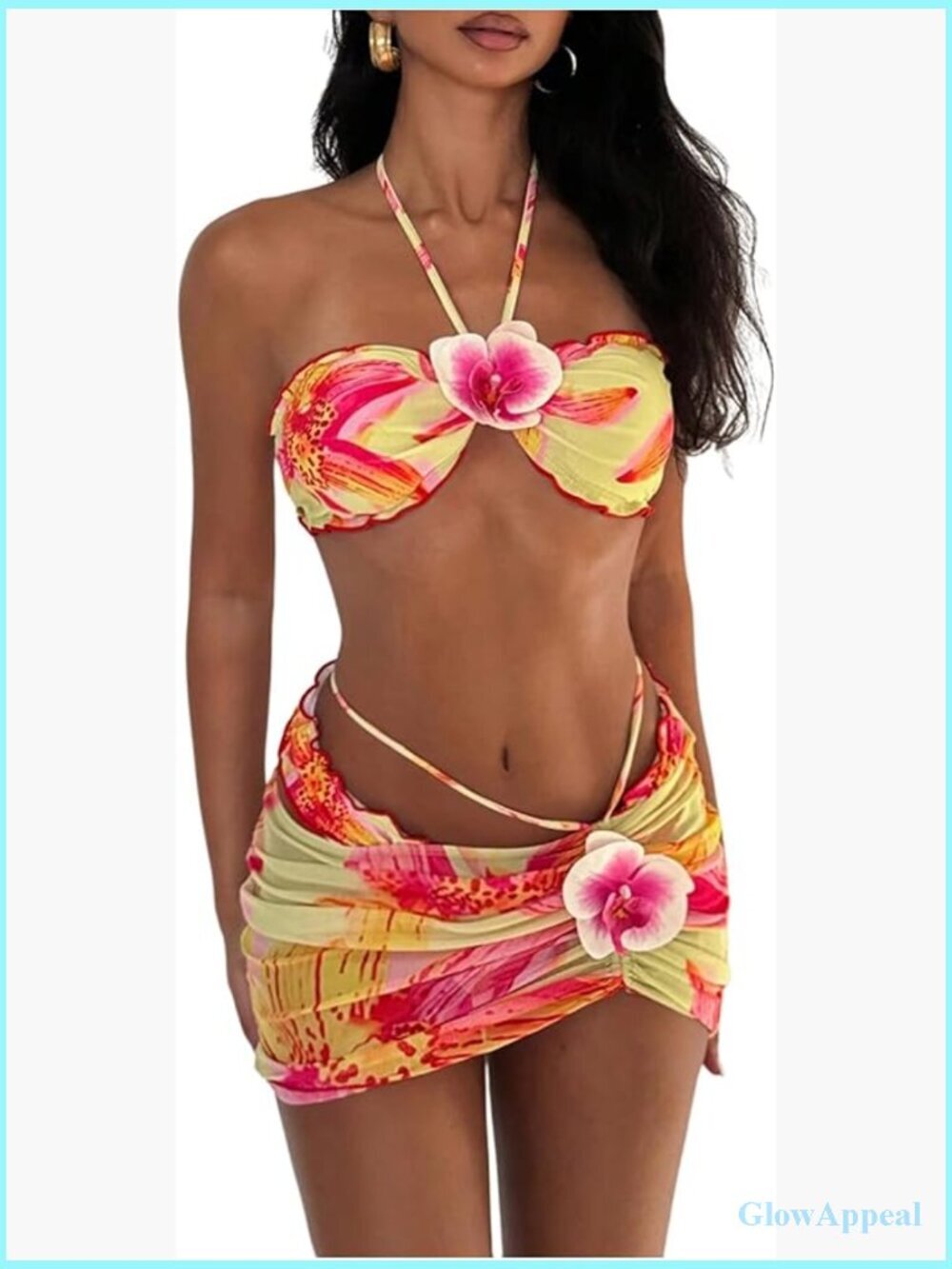 3 Piece Floral Halter High Cut Bandeau Bikini Set with Cover Up Skirt